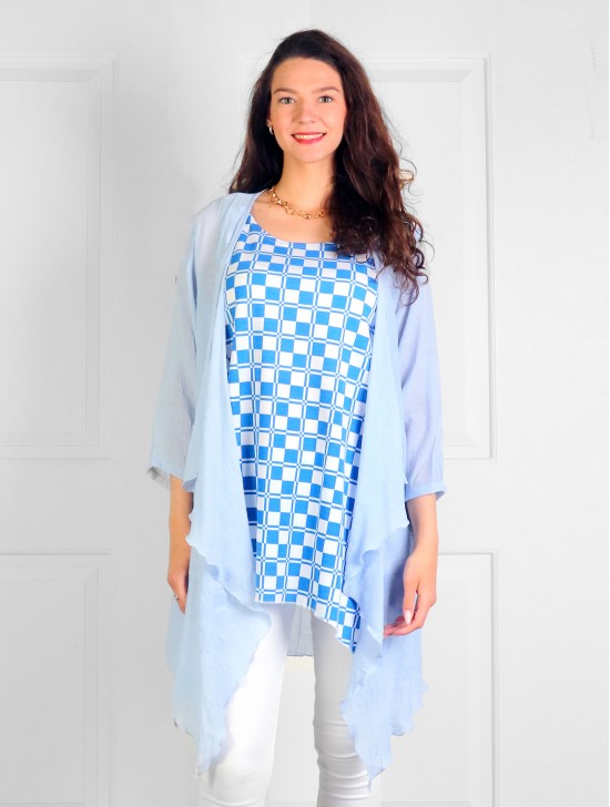 Patterned Printed Fashion Tops W/ Coconut Buttons and Cardigan Set (CL1173LBLU+CL167824)